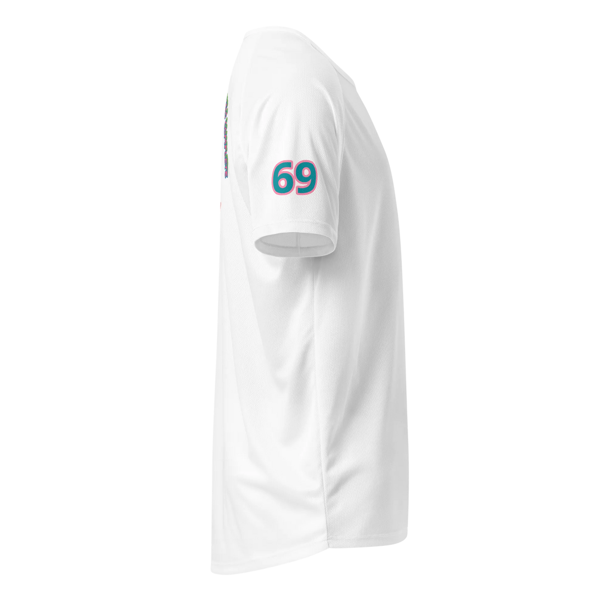 White sports jersey side view with 69 logo on sleeve