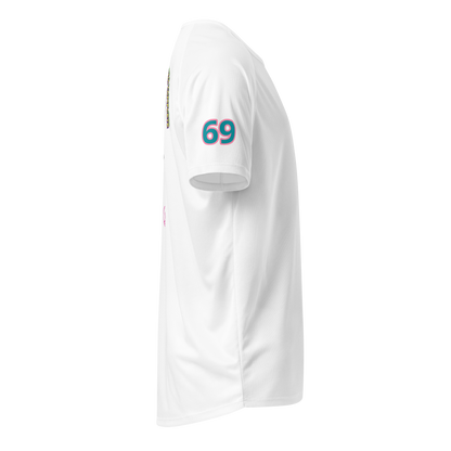 White sports jersey side view with “69” graphic on sleeve, unisex fit