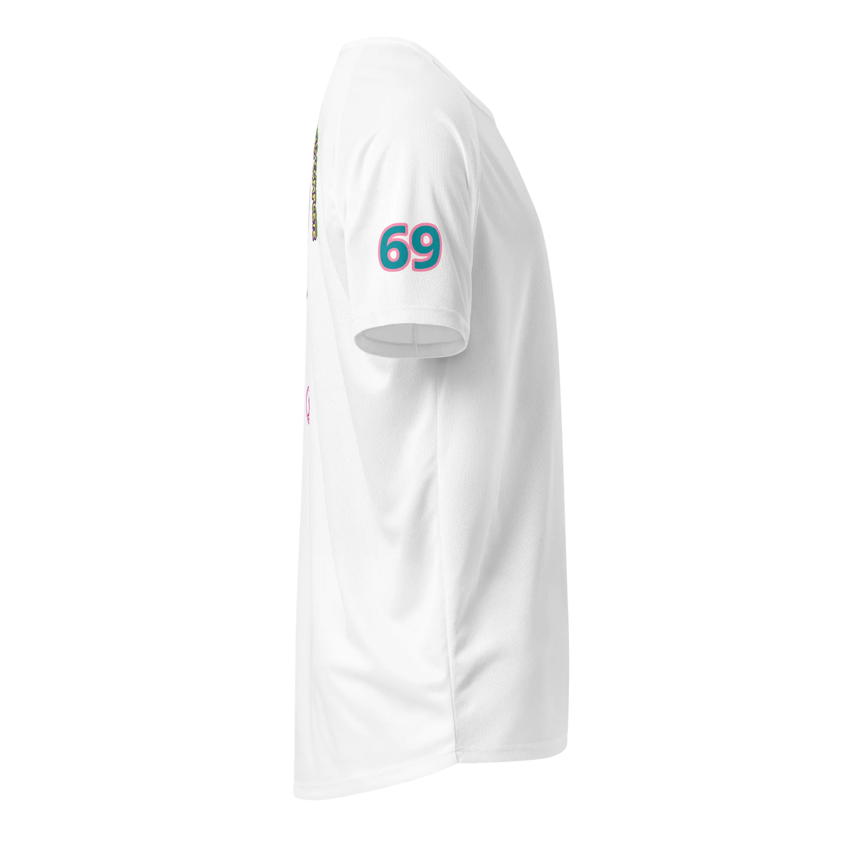 White sports jersey side view with “69” graphic on sleeve, unisex fit