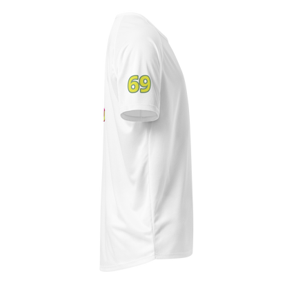 White unisex sports jersey sleeve side with “69” print