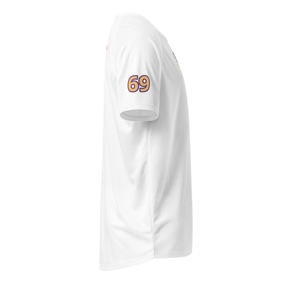 White sports jersey T-shirt with '69' sleeve print