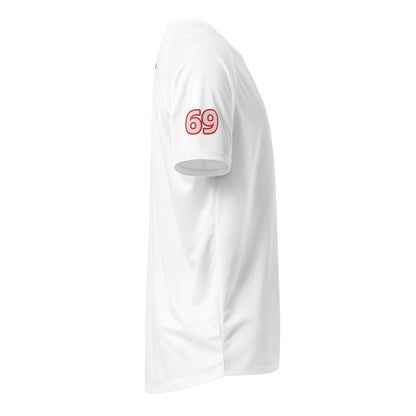 Unisex sports jersey, white, side view with number 69 print