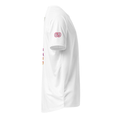 Scrambler#2 T-shirt (White) with red “69” print on sleeve