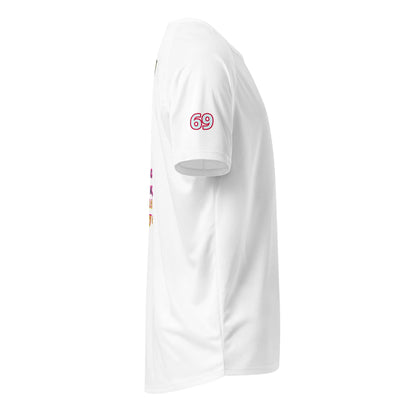 Scrambler#2 T-shirt (White) with red “69” print on sleeve