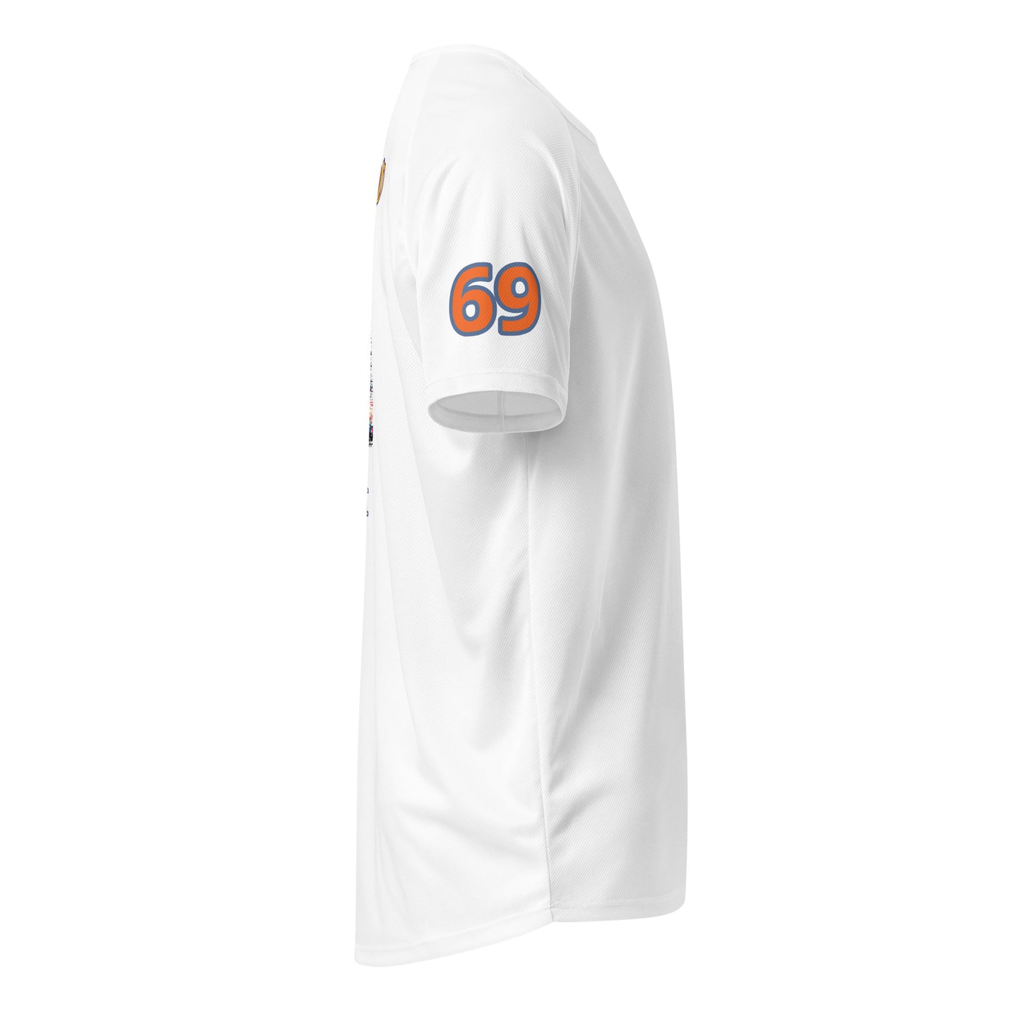 White sports jersey with 69 back number, side view