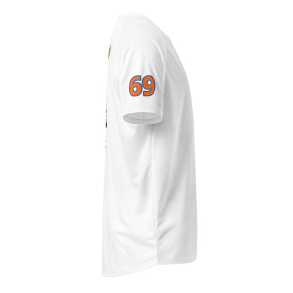 White sports jersey with 69 back number, side view