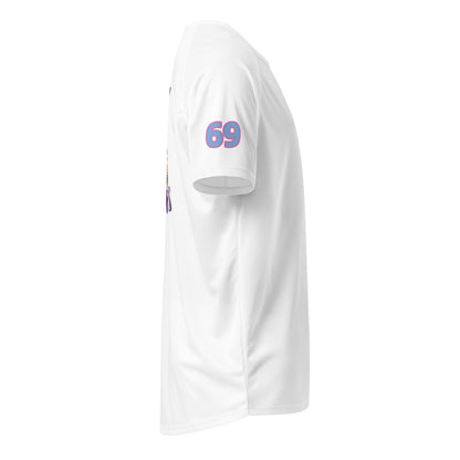 White sports jersey with number 69 on back, short sleeves