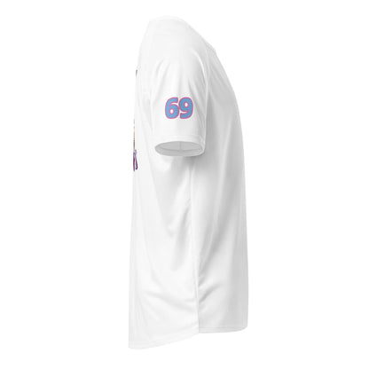 White sports jersey with number 69 on back, short sleeves