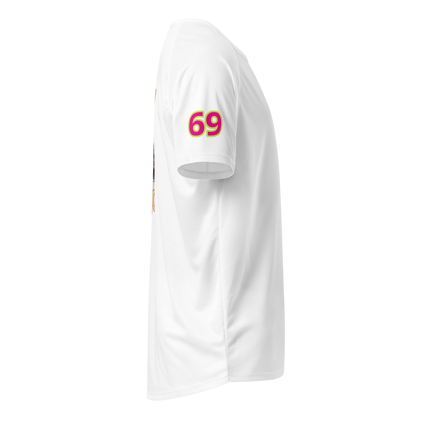 White sports jersey with neon 69 on sleeve, short sleeves