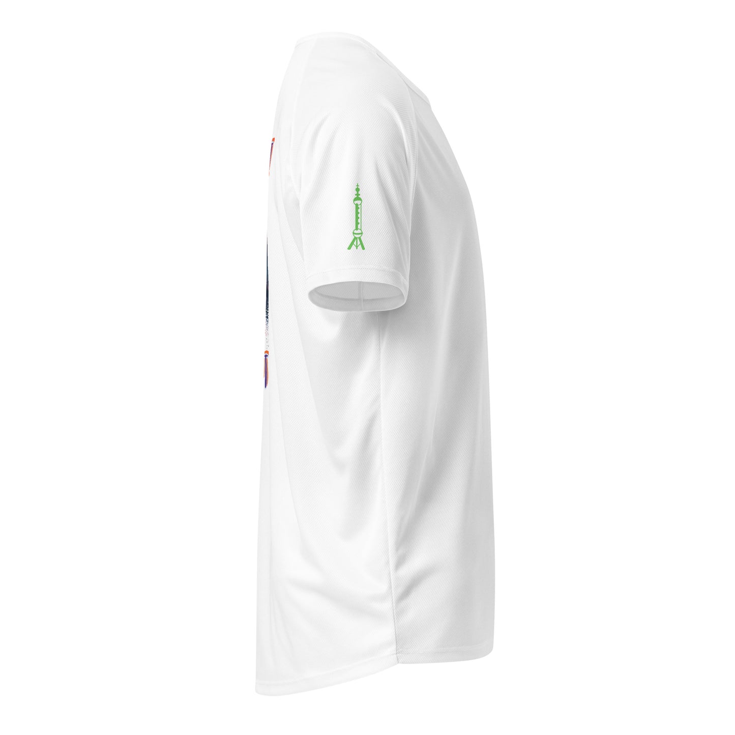 White sports jersey with short sleeves and vertical green graphic on the sleeve