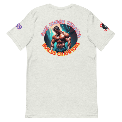 GymT Unisex T-Shirt, weiß, großer Motivdruck mit bunten Schriftzügen