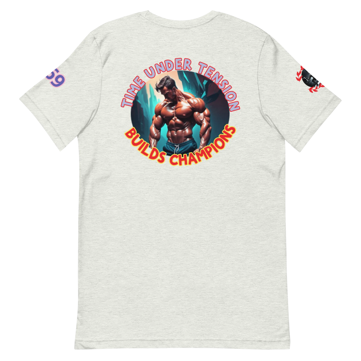 GymT Unisex T-Shirt, weiß, großer Motivdruck mit bunten Schriftzügen