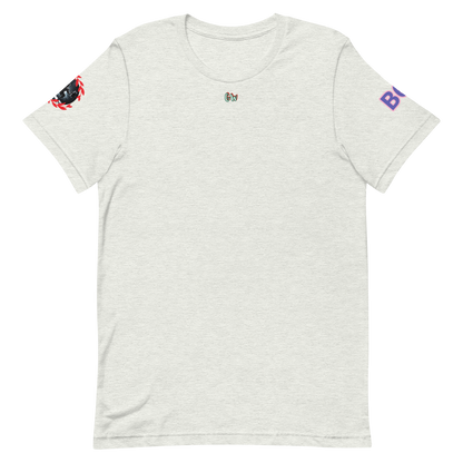GymT Unisex T-Shirt, hellgrau, kleines Brustlogo, Ärmel-Prints
