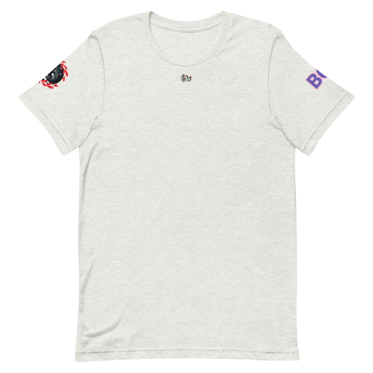 GymT Unisex T-Shirt, hellgrau, kleines Brustlogo, Ärmel-Prints