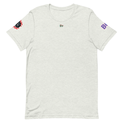 GymT Unisex T-Shirt, hellgrau, kleines Brustlogo, Ärmel-Prints