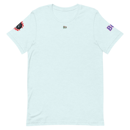 GymT Unisex T-Shirt, hellblau, kleines Brustlogo, Ärmel-Prints