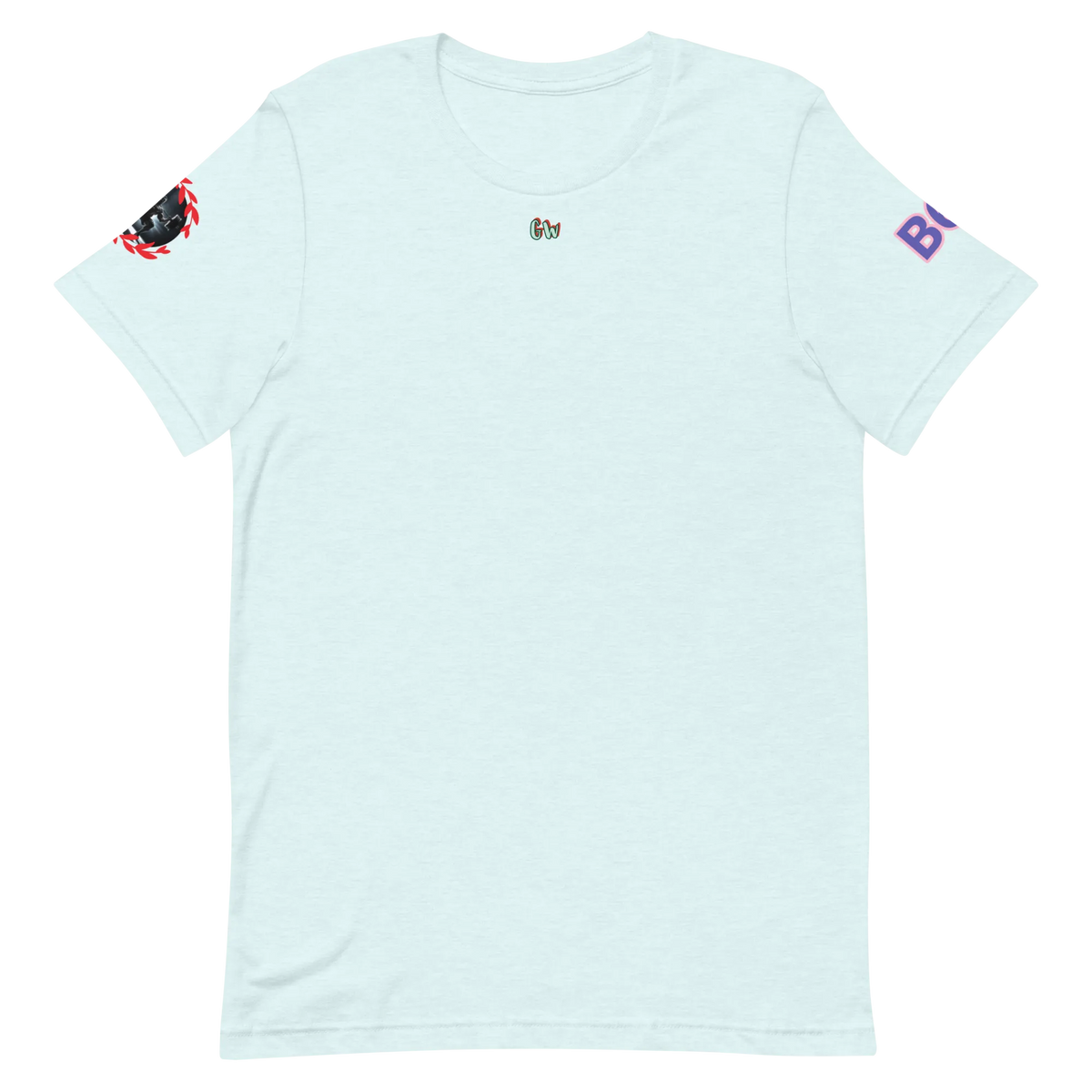 GymT Unisex T-Shirt, hellblau, kleines Brustlogo, Ärmel-Prints