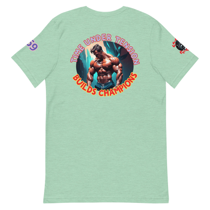GymT unisex T-Shirt, Heather Prism Mint, Rückendruck „Bullds Champion“