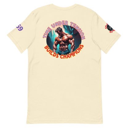 GymT Unisex T-Shirt, cremefarben, großes Motiv „Bulids Champions“