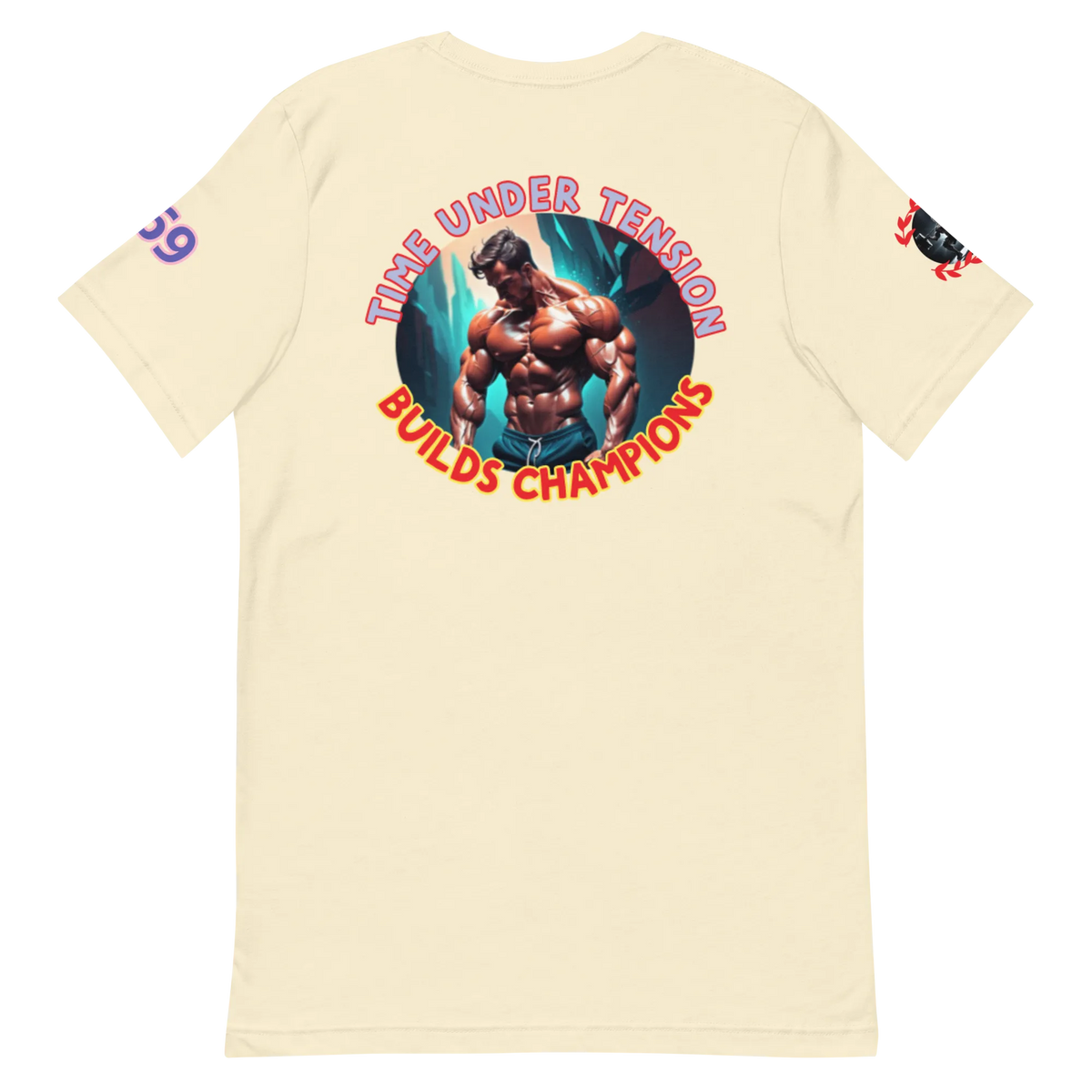GymT Unisex T-Shirt, cremefarben, großes Motiv „Bulids Champions“