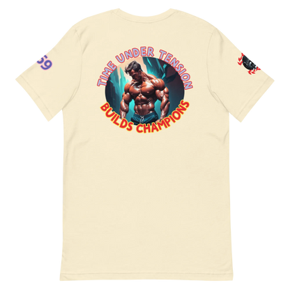 GymT Unisex T-Shirt, cremefarben, großes Motiv „Bulids Champions“