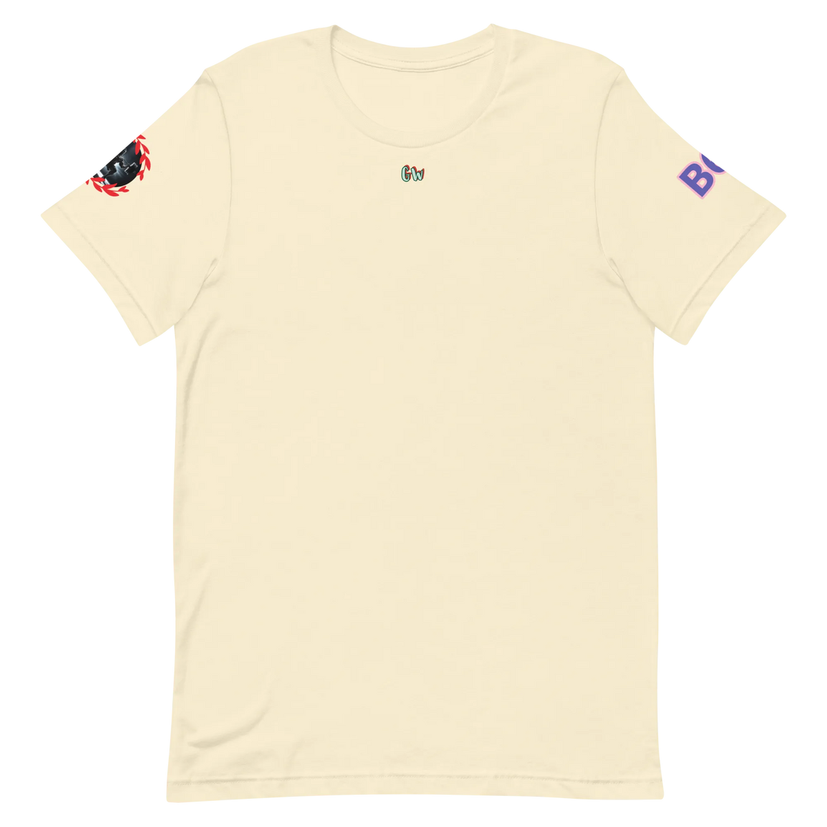 GymT Unisex T-Shirt, cremefarben, kleines Brustlogo, Ärmel-Badge