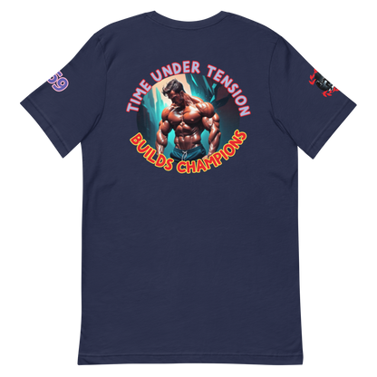 GymT unisex T-Shirt, Navy, Rückendruck „Bullds Champion“