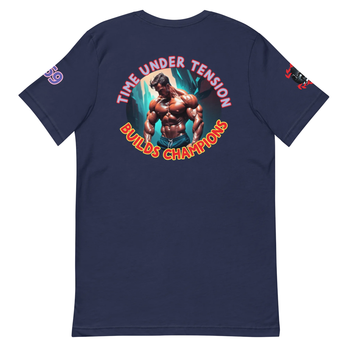 GymT unisex T-Shirt, Navy, Rückendruck „Bullds Champion“