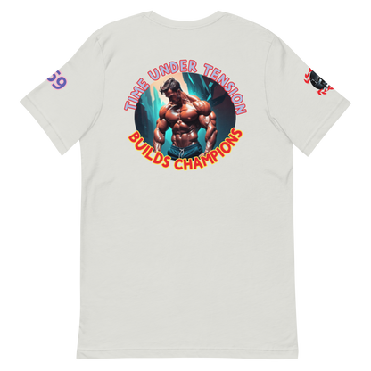 GymT Unisex T-Shirt, weiß, Rückenprint „Time Under Tension“ mit Bodybuilder