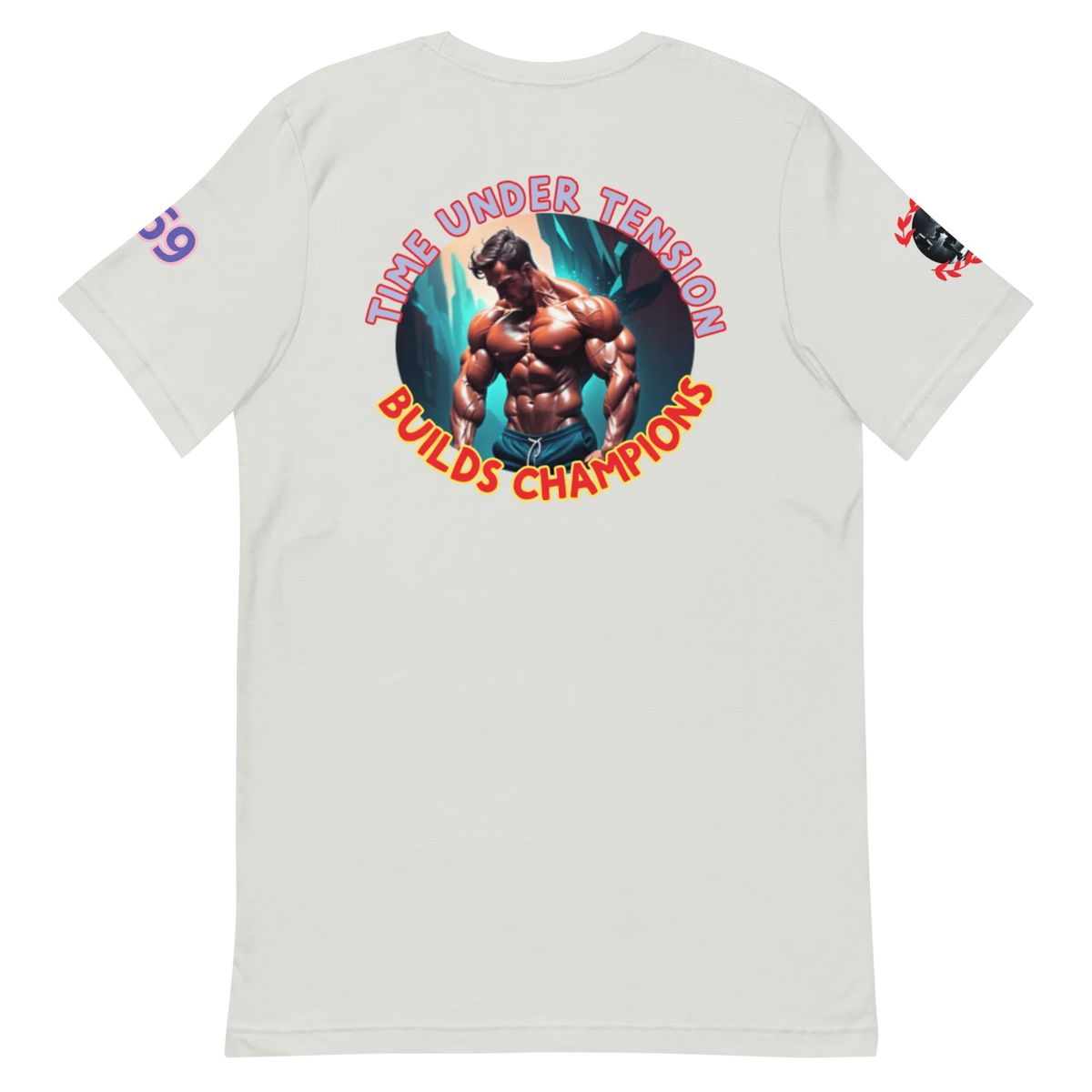 GymT Unisex T-Shirt, weiß, Rückenprint „Time Under Tension“ mit Bodybuilder