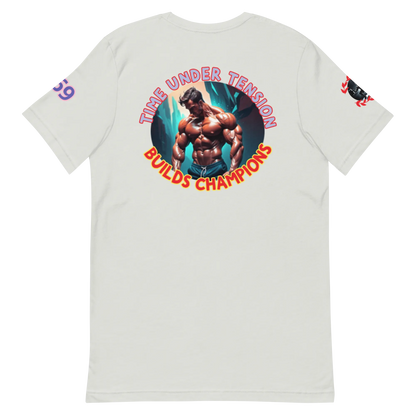 GymT Unisex T-Shirt, weiß, Rückenprint „Time Under Tension“ mit Bodybuilder