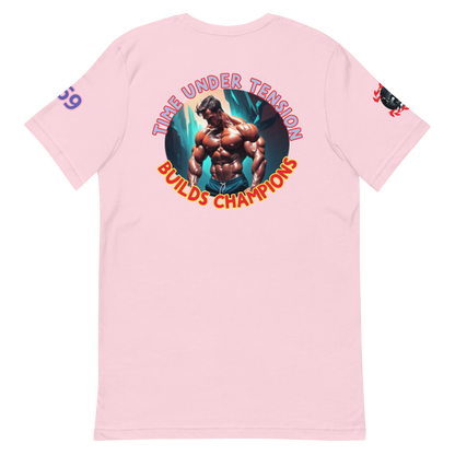 GymT unisex T-Shirt, Soft Pink, Rückendruck „Bullds Champion“