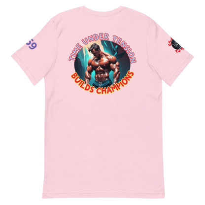 GymT unisex T-Shirt, Soft Pink, Rückendruck „Bullds Champion“