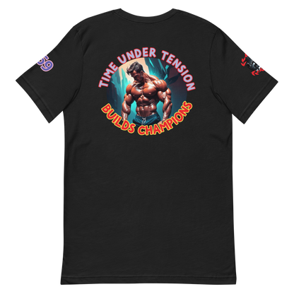 GymT unisex T-Shirt, Vintage Black, Rückendruck „Bullds Champion“