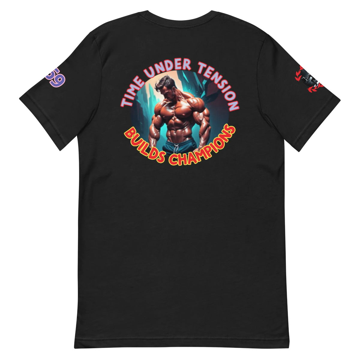 GymT unisex T-Shirt, Vintage Black, Rückendruck „Bullds Champion“