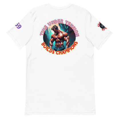 GymT Unisex T-Shirt, weiß, großer Rückenprint „Bulids Champions“