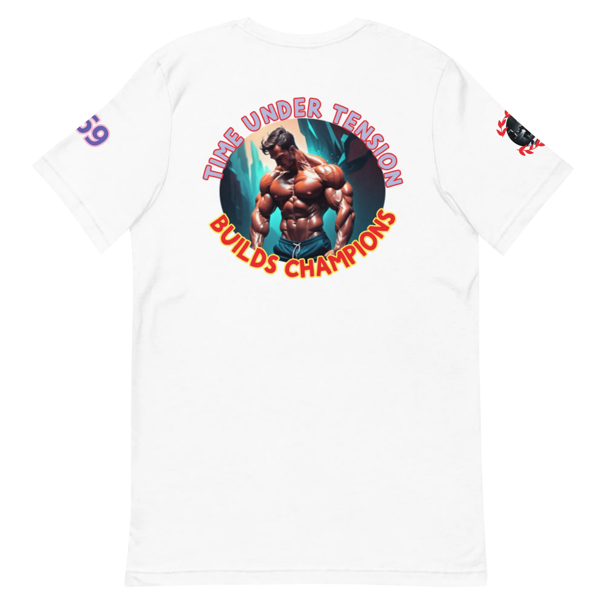 GymT Unisex T-Shirt, weiß, großer Rückenprint „Bulids Champions“