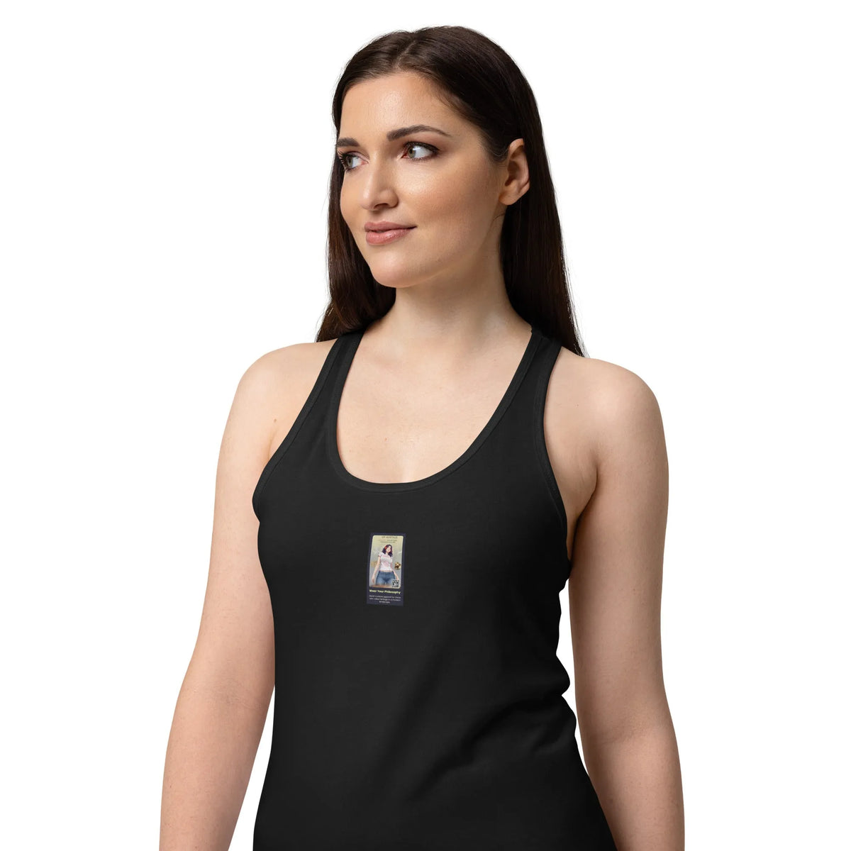 Heritage#4 Women’s fitted racerback tank top in Schwarz – Vorderansicht Detail