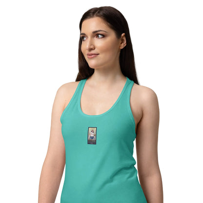 Heritage#4 Women’s fitted racerback tank top in Tahiti Blue – Vorderansicht Detail