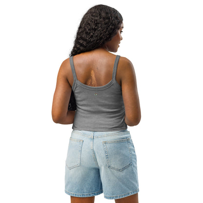 Women’s micro-rib tank top, heather gray back view with thin straps
