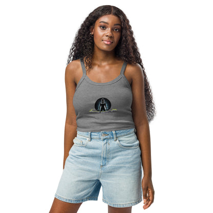 Women’s micro-rib tank top, heather gray front with scoop neck and chest graphic