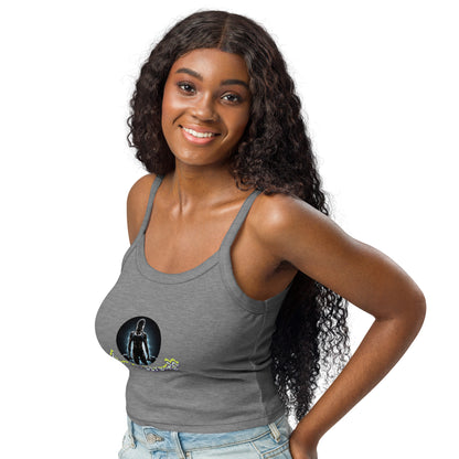 Women’s micro-rib tank top, heather gray front with thin straps and chest graphic