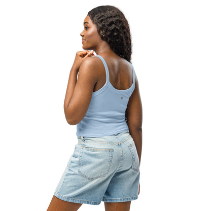 Baby blue micro-rib tank top, thin straps and scooped neckline, side view