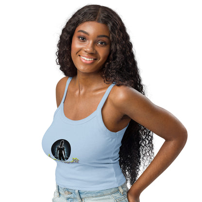 Baby blue micro-rib tank top with front graphic and scoop neck, front view