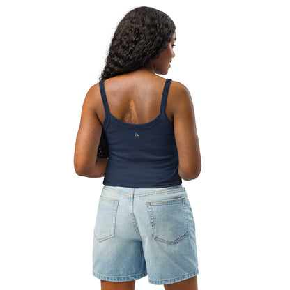 Women’s micro-rib tank top, dark navy back view with thin straps
