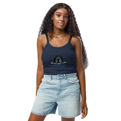 Women’s micro-rib tank top, dark navy front with scoop neck and small chest graphic