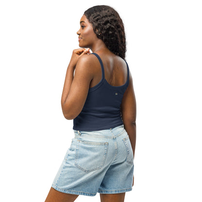 Women’s micro-rib tank top, dark navy side view with racer back straps