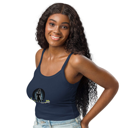 Women’s micro-rib tank top, dark navy front with thin straps and chest graphic