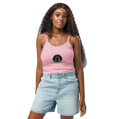 Pink micro-rib tank top with front graphic, scoop neck and slim straps